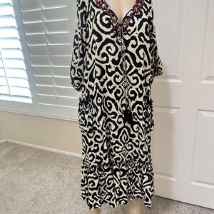 Black Cream Patterned ruffles Pockets Modest midi Dress summer boho hippie‎ Sz M